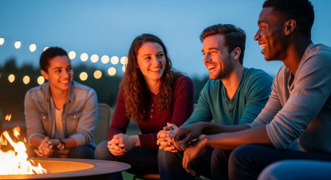 Friends laughing around a bonfire at dusk, illuminated by warm firelight and string lights, symbolizing togetherness and joy, perfect for lifestyle concepts