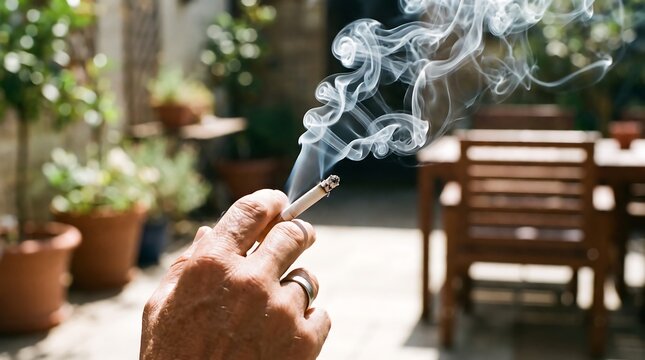 Hand holding a smoking cigarette outdoors