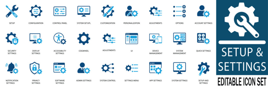 Setup and settings vector icon set for design. Includes configuration, gear, control panel, adjustments, and system preference icons in blue dual-tone style.