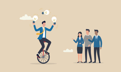 Creativity solid meeting teams together beige or cream color, with two smal innovation or skill to success in business, skillful businessman riding unicycle juggling lightbulb lamp metaphor of plenty © Md Tajul