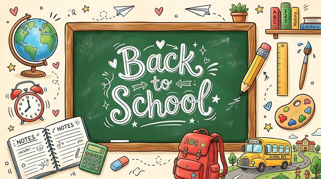 Back to school illustration with chalkboard and school supplies