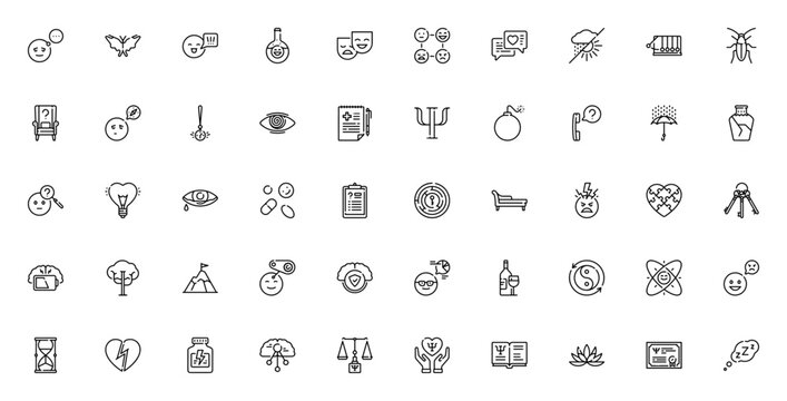 Psychology icon set. Minimal line vector icons pack. Includes symbols for introvert, extrovert, Rorschach test, emotions, hypnosis, brain, heart, yin yang, lotus, smiley and more. Editable vector stro