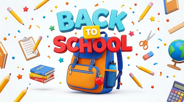 Back to school 3d composition with backpack and school supplies isolated on white background
