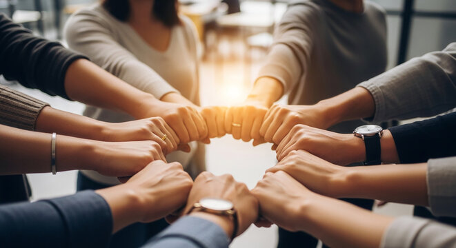 Close-up of people's fists bumping together, symbolizing unity, teamwork, and collaboration in business or community settings