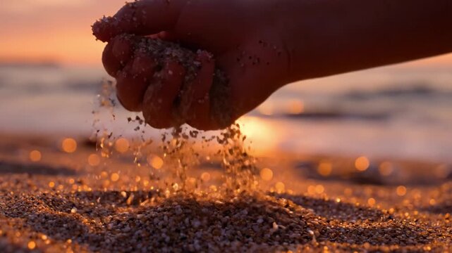 A Moment of Serenity as Sunlight Dances on the Shore: Witness the Gentle Motion of a Hand Sifting through Sand Against a Breathtaking Sunset