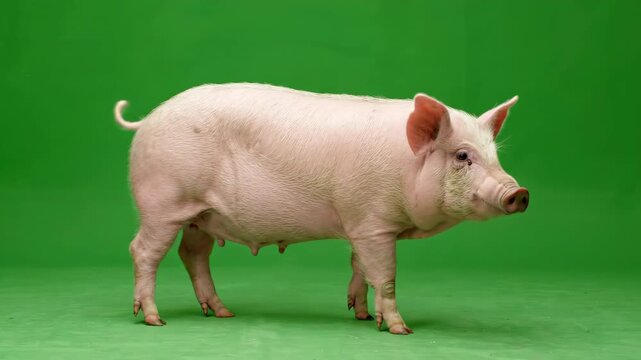 Cute pink domestic pig walking slowly across a bright green screen background for compositing and visual effects