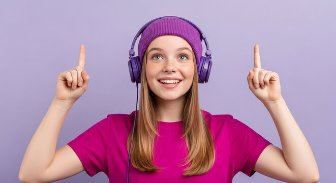 Young person with headphones and beanie pointing up, showcasing excitement, representing joy and music appreciation. Free space available for text.