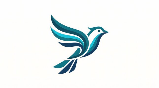 A modern minimalist vector logo design of a flying bird with outstretched wings, featuring abstract curved geometric shapes in gradient shades of blue, teal, and turquoise
