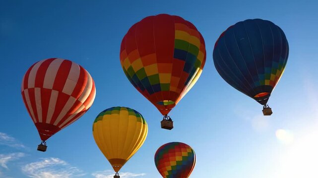 A Stunning Display of Colorful Hot Air Balloons Ascending Against a Clear Blue Sky, Captured in a Beautiful Moment of Flight and Freedom at Sunrise
