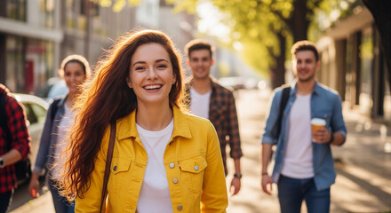 Fototapeta premium Smiling young woman in yellow jacket walking with friends on sunny street, symbolizing happiness, friendship, and urban lifestyle