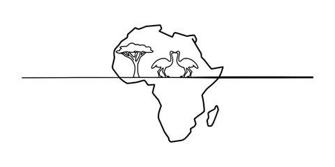 Minimalist line art illustration of the african continent map with an acacia tree and two ostriches standing together inside the shape on white background Vector, illustration © Continuous Line Art