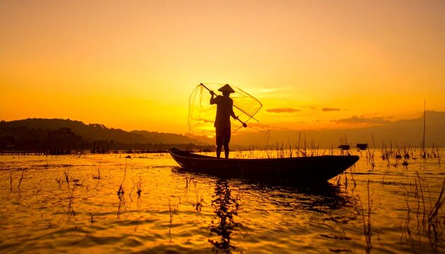 Authentic Indonesian traditional fisherman silhouette casting a net on a calm lake during a golden sunset