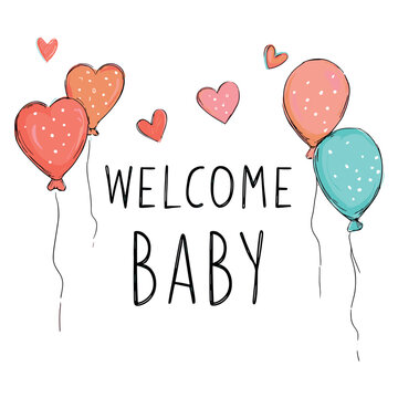 welcome baby text with colorful hearts and balloons isolated vector illustration
