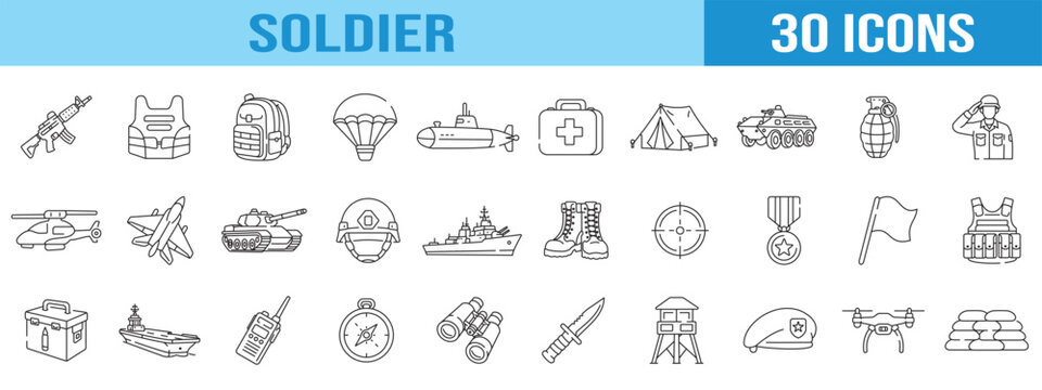collection of soldier icons, editable stroke.	
