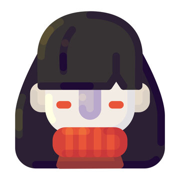 Cartoon girl is looking down or shy with a turtleneck covering her chin.