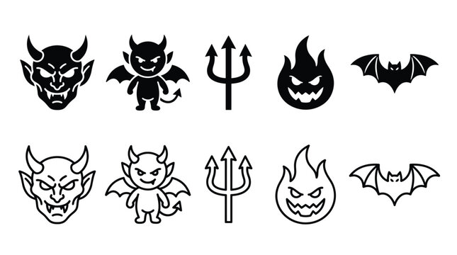 Demonic Halloween Icons with Devil Trident Flame and Bat Designs