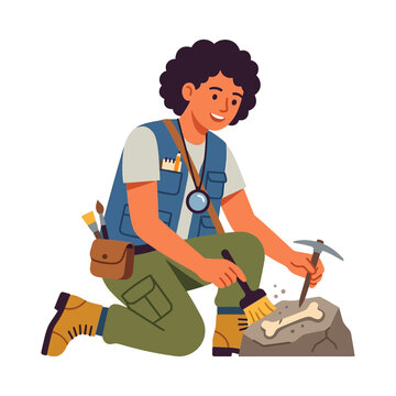 Archaeologist brushing fossil bone from rock excavation, illustration