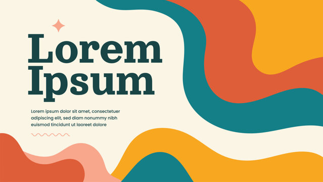 Abstract retro wavy background template with colorful fluid shapes. Ideal for vintage posters, groovy banners, presentation slides, and 70s style graphic design projects. Contains placeholder text.