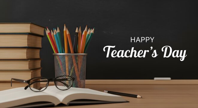 Teacher's day celebration books stationery and a chalkboard message