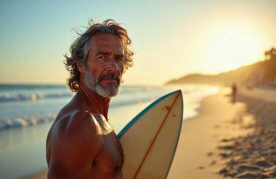 Middle aged man with grey hair holds surfboard on sandy beach at sunset. Handsome mature surfer walks near ocean waves during summer vacation. Athletic senior guy enjoys outdoor water sport activity,