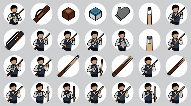 Flat Vector Icons of Billiard Players and Accessories, Including Cue Sticks, Cases, Chalk, and Mitten, Set on a Light Gray Background, Clean Graphic Design Elements