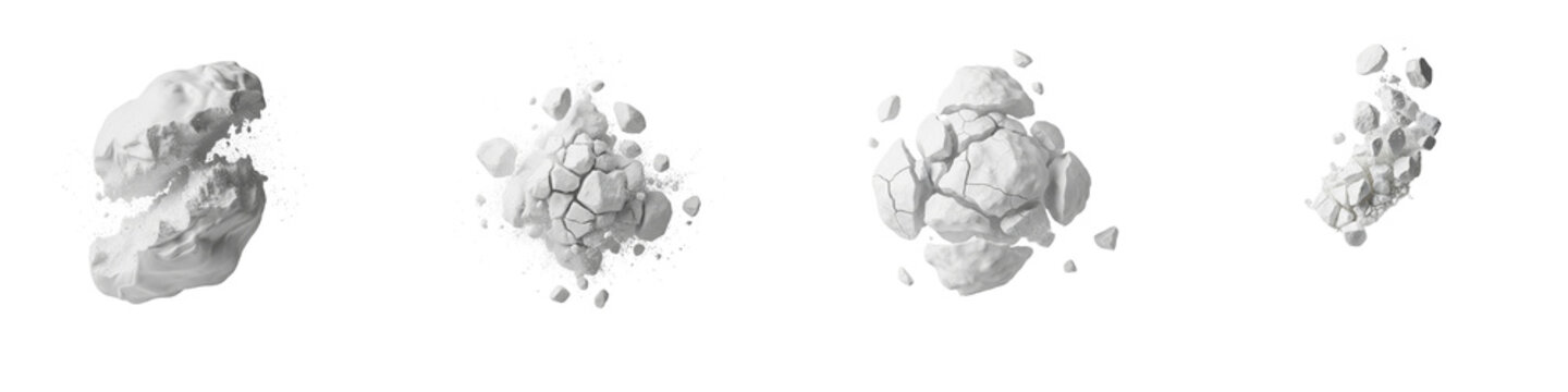White stone rock fragments exploding on black background in motion