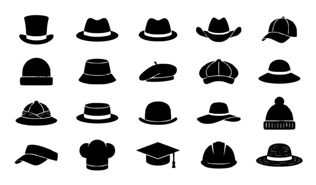 Black Hat Silhouette Icon Set with Top Hat Beanie Cap Fedora and Cowboy Hat Vector Isolated on White Background