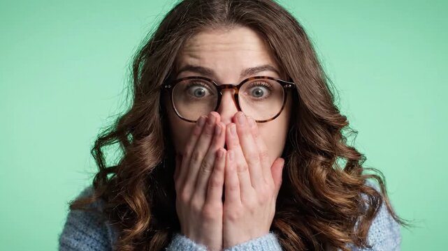 A young woman transitions from surprise to happiness in two expressive frames, showcasing her emotional journey with changing facial expressions against a vibrant green background.