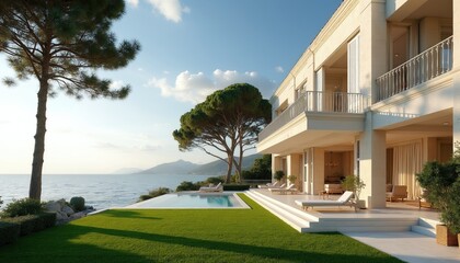 Obraz premium Modern luxury villa on ocean coast with infinity pool, green lawn. Elegant terrace features lounge chairs for summer relaxation. Large house residence overlooks calm sea water at horizon under blue