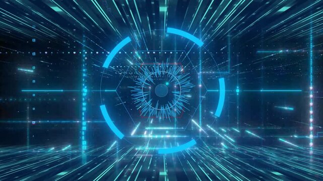 Data stream visualization flows through a dark cyber space tunnel with glowing blue geometric shapes.