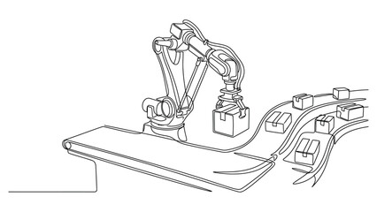 Naklejka premium Continuous line drawing of a robotic arm in an industrial factory
