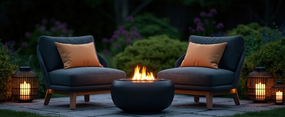 Fototapeta premium Evening patio with glowing fire bowl, modern seating, lanterns, and lush garden for cozy outdoor gatherings.