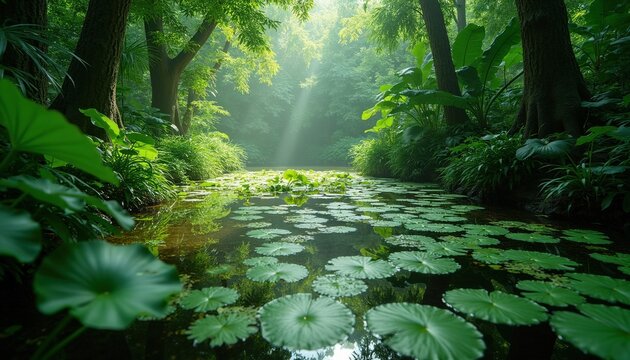 Sunlight rays pierce through dense jungle trees onto tranquil pond surface covered in green lotus leaves. Exotic rainforest ecosystem with swamp water plants rich foliage, wild nature park greenery