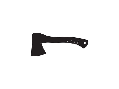 Black silhouette icon of a sharp camping hatchet axe for wood chopping with chopping