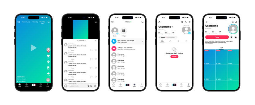 TikTok mobile app UI mockup on Apple iPhone. Social Media Interface. Editorial Vector Illustration.