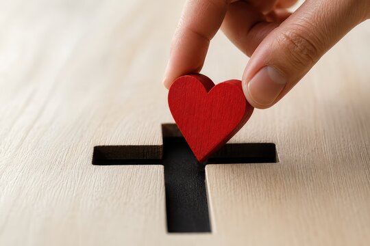 Hand placing a red wooden heart into a plus sign shaped slot love and connection concept