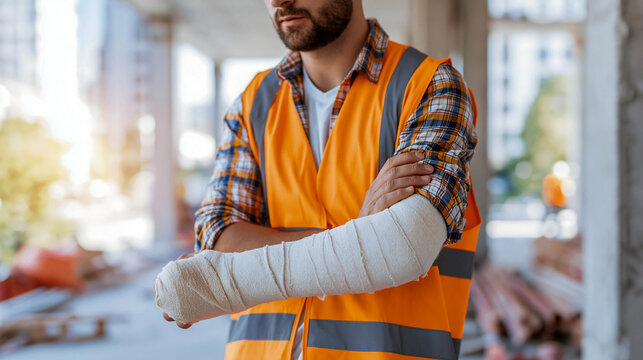 A construction worker wearing an orange safety vest stands on a construction site with his arm completely bandaged. The concept of industrial accidents, insurance, and safety on a construction site.