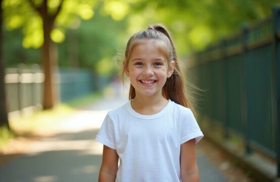 Young girl with high ponytail smiles happily outdoors. She wears a simple white t-shirt. Sunny park path, green trees, fence in background. Authentic childs joy, active lifestyle.