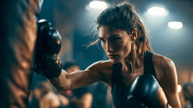 A female boxer punches a punching bag in a gym, close-up of her face and a powerful punch, concept of strength, motivation, and female boxing.