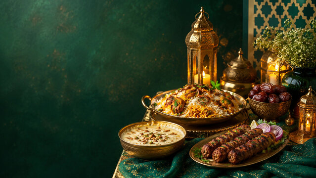 Festive Indian dessert setup for Eid with sheer khurma, seviyan, dates, nuts and rose petals in elegant bowls, soft natural light
