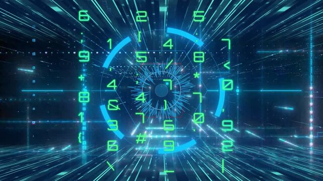Numeric data code floats within a futuristic tunnel of blue light and digital connectivity.