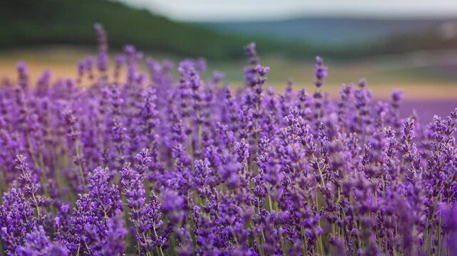 Close up of beautiful blooming lavender flowers swaying in the wind inside a field. Handheld nature footage for wellness, aromatherapy and organic cosmetics video concept.