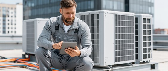 Naklejka premium Skilled male technician in work overalls uses a digital tablet to inspect commercial HVAC units on an urban rooftop. Ideal for energy, maintenance, and smart building campaigns.