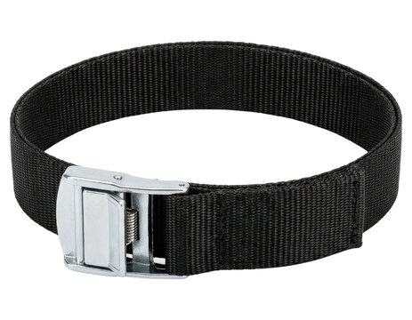Heavy duty black nylon strap with metal cam buckle isolated transparent background
