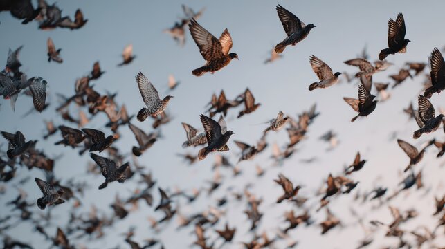 flock of birds in synchronized motion, mixed species, balanced and clean composition, mid-distance shot