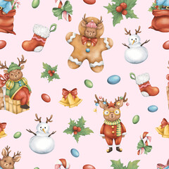 Naklejka premium Christmas Seamless Pattern Reindeer Gingerbread Snowman Watercolor Holiday Kids Fabric 