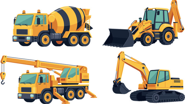Heavy Construction Machinery Vector Set with Concrete Mixer Truck Front Loader Backhoe Mobile Crane and Crawler Excavator for Industrial Engineering Graphic Designs