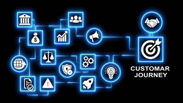 Business journey flowchart with glowing neon icons and connections illustrating strategy success and goals.