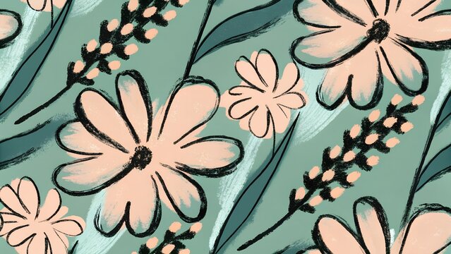 Artistic seamless pattern of hand-drawn peach flowers on a sage green background