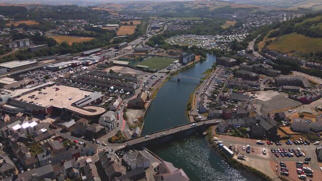Aberystwyth river bridges town landscape and green hills aerial view